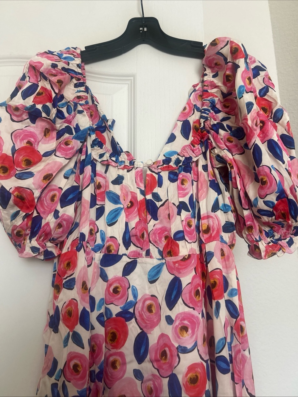 For Love & Lemons Gianna Midi Dress Floral White Pink Blue Slit $242 Size S - Picture 7 of 7